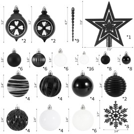 100PCS Christmas Tree Balls Ornaments Set with Christmas Tree Topper, Black Christmas Ornaments Sets for Christmas Tree, Shatterproof Hanging Christmas Tree Decorations (Black+White)