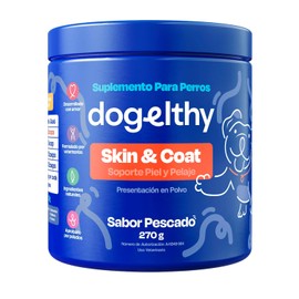 Dogelthy Skin & Coat. Suplemento para Piel y Pelaje para Perro Hecho a Base de Aceite de Pescado, Vitamina C/E, Complejo B, Zinc y más. Complemento para Croquetas o Dieta Barf Sabor Pescado 270g