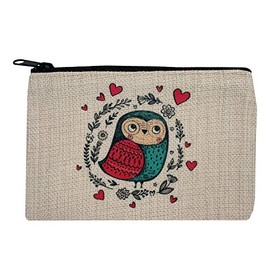 Love Bird Owl Linen Small Zippered Makeup Cosmetic Bag Coin Purse
