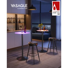 VASAGLE Bar Table Set of 2, Round Cocktail Tables with Multi-Colored Lights and Glass Tops, Large Steel Base, 41.3 Inches Tall Pub Tables for Kitchen, Bistro, Parties, Cloud White and Ink Black