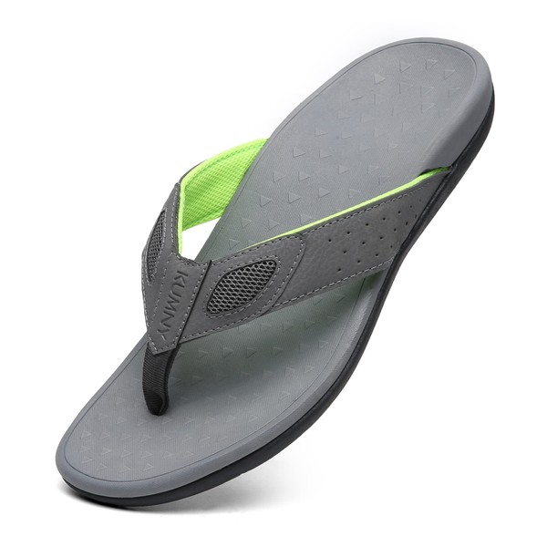 KUMNY Flip Flops for Men Arch Aupport Sandals for Flat Feet Plantar Fasciitis Summer Beach Slippers Grey Green Size 9.5