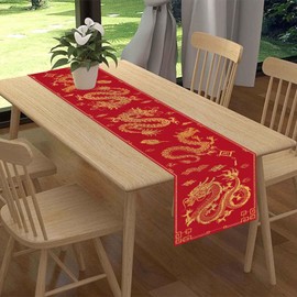 Camino de mesa de dragón chino, tradicional japonés del zodiaco del dragón, festival de primavera, estilo asiático, decoración de centro de mesa de oro rojo, para el hogar, cocina, comedor, patio,
