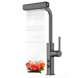 Waterfall Kitchen Pull Down Faucet with Temperature Display in Celsius(Batteries-Free), Matte Grey Stainless Steel Widespread Kitchen Faucet, 4 Function Sprayer & 360 Swivel Spout for Kitchen Rv Bar