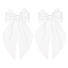 JGQUR White Satin Hair Clips for Women – Pack of 2 Long Tail Bow Alligator Clips, Soft Ribbon Barrettes for Girls Daily Wear, Gifts for Birthday Party