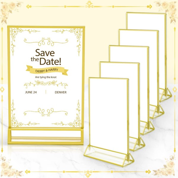 REFORUNG Pack of 6 Counter Stands A6 Table Stands Slanted Golden Double-Sided Picture Frame Acrylic Sign Holder Advertising Stand Table Menu Display for Wedding Table Numbers Menu Holder