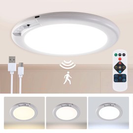 Motion Sensor Light Indoor with Remote, Battery Powered Ceilling Light 3 Colors Dimmable, Rechargeable Closet Light Wireless Timing, Magnetic Mount LED Shower Light for Closets Stairs Pantry Porch