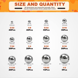 Tanstic 265Pcs 12 Size Imperial Precision 304 Stainless Steel Bearing Steel Ball Assortment 3/32’’ 1/8’’ 5/32’’ 3/16’’ 7/32’’ 1/4’’ 9/32’’ 5/16’’ 11/32’’ 3/8’’ 13/32’’ 1/2’’