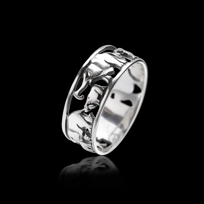 Materia Women's Band Ring Elephant Herd with Baby 925 Sterling