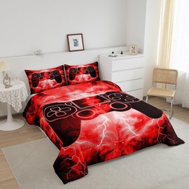Feelyou Kids Boys Red Gamer Comforter Set,Gaming Bedding Set Full Size,Video Games Console Comforter,Game Gamepad Controller Bed Set for Boys Girls Bedroom Room Decor