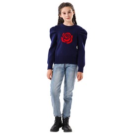 SMILING PINKER - Suéter de manga abullonada, cuello redondo, mariposa, camelia, Azul marino, 4-5T