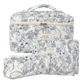 Women's Travel Cosmetic Bag Set, Cotton Toiletry Bag Set, Women's Quilted Toiletry Bag with Floral Pattern, Pack of 3, Blue-Flower