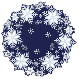 Simhomsen Set of 4 Embroidered Snowflakes Round Doily, Place-mats Round 15 inches for Christmas Holiday and Winter, Dining Table Centerpieces (Navy)