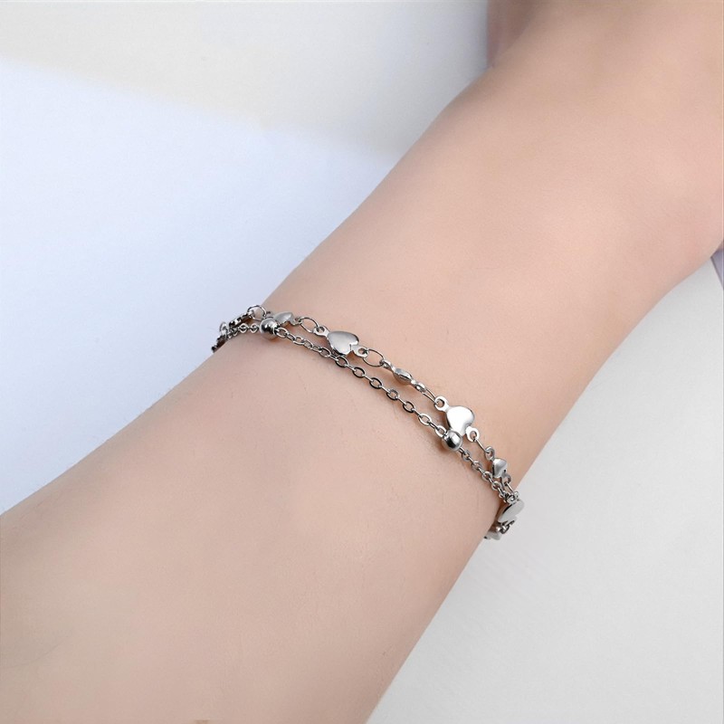 Double Layer Sterling Silver Heart Charm Bracelet, Adjustable Chain, Valentine's