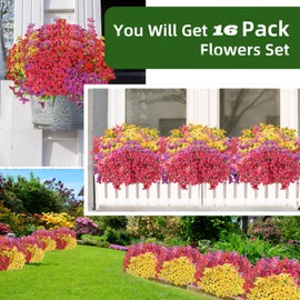 16 Bundles Artificial Faux Plants Flowers Outdoor Spring Summer Decoration Faux Silk Colorful Mix Daisy UV Sun Resistant Realistic for Porch Patio Home Planter Window Box Yard Decor