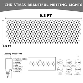 Dazzle Bright Christmas 200 LED Net Lights, 9.8 FT x 6.6 FT Connectable Mesh Lights with 8 Lighting Modes, Christmas Decorations for Indoor Outdoor Bush Yard Garden Decor (Multi-Colored, Green Wire)