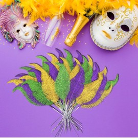 Yen Jean 52Pcs Mardi Gras Feathers Leaves Decorations - Green Gold Purple Glitter Picks Bulk for Table Centerpieces Party Decor