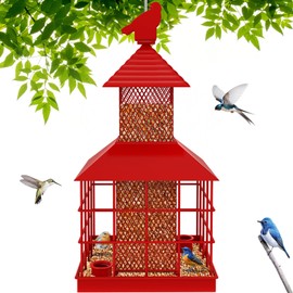 Caged Bird Feeders Squirrel-Proof, ULENDIS Metal Capacity-Cage Tube Seed Feeders with Tray, Wild Bird Feeders for Outdoors Hanging Attract Birds(Bright Red)