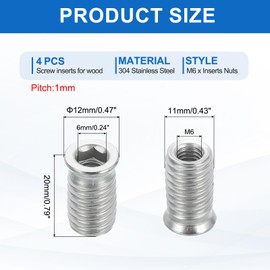 MECCANIXITY 4Pcs Threaded Inserts Nuts, M6x20mm Hex Socket Drive Nut Inserts for Wood - 304 Stainless Steel Screws Furniture Screw in Nuts Bolt Fastener Connector Wood