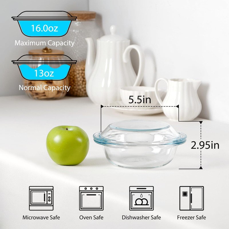 13OZ Mini Glass Casserole Dish With Lid, 5.5in Oven Safe