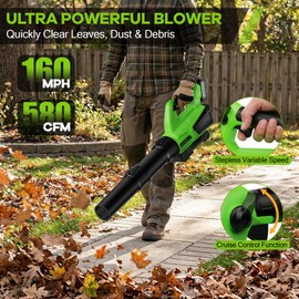 Leaf Blower Cordless, 580 CFM Airflow Electric Leaf Blowers with 2×4.0Ah Batteries and Charger, Stepless Speed Control, Powerful Snow Blowers for Lawn Care, Patio, Dust, Blowing Leaves
