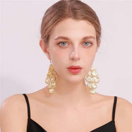 Hpoewre Leaf Dangling Earrings, Bohemian Layered Fall Maple leaves Earrings for Women, Handmade Lightweight Chandelier Hollowed Out Leaves Tassels Earrings (Pectinid-Gold)