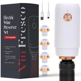 Vin Fresco Electric Wine Preserver - Rechargeable Vacuum Wine Preservation Device - Automatic Wine Air Remover Pump for Kitchen - Color: White & Rose Gold