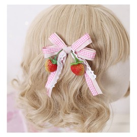 March9 Women Teen Girls Sweet Cute Strawberry Hair Bow Clips Barrettes Pink Lace Little Girl Decoration Assorted Accessories Alligator Braid Ornaments (Pink2), one size