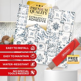 XFasten Backsplash Tile for Kitchen Peel and Stick Tile 10pcs 12” x 12” with Mini Cutter Blue Subway Tile for Backsplash, Waterproof Bathroom Kitchen Wall Tiles