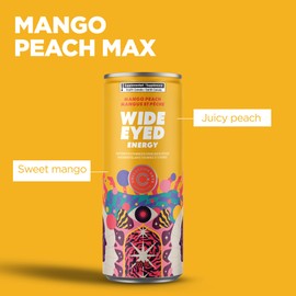Wide Eyed Energy Caffeinated Vitaminized Sparkling Beverage, Mango Peach Flavor, 200mg Caffeine, 12 fl oz, Pack of 12