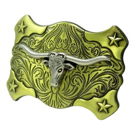 Moranse Golden Longhorns Bull Engraved Pattern Design Cowboy western Belt Buckles, Stars Long Horn Bull Head 2, Medium