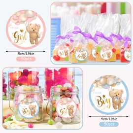 JarThenaAMCS 100Pcs Cute Bear Stickers Roll Team Boy Team Girl Gender Reveal Paper Decals Blue Pink Self-Adhesive Decorative Round Stickers for Baby Shower Gender Reveal Party Supplies