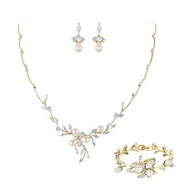 EVER FAITH Party Prom Cubic Zirconia Jewelry Set, Simulated Pearl Marquise Flower Filigree Necklace Earrings Bracelet Set Clear Gold-Tone