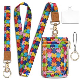 Mavellin Lanyard Wallet with Id Badge Holder, Autism Awareness RFID Small Keychain Wallet Women Wristlet, Cute Zipper Credit Card Holder Phone Wrist Neck Strap for Key Name Tag, Student Office Gifts
