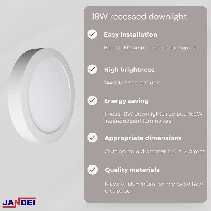 JANDEI - 18 W Round LED Downlight White Light (Equivalent