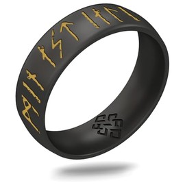 Knot Theory Viking Silicone Ring - My Love Forever in Rune Characters with Gold Inlay - Dark Silver Size 5 6mm Breathable Comfort Fit - Valentine's Engagement Wedding Band