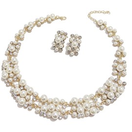 LadayPoa BE Pearl Gold Plated Simple Elegant Bridal necklace earring Jewelry Sets Kit Gift BP(Gold & White pearls)