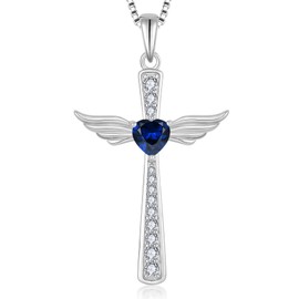 FYNSBLE Cross Necklace for Women Sterling Silver Angel Wings Pendant Necklace Religious Crucifix Necklace Christian Pendant Heart Sapphire September Birthstone Necklace Jewelry for Women