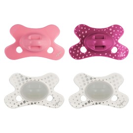 Difrax Natural Pacifier - 0 to 6 Months - Pink and Purple + Glow in the Dark Teat - Pack of 4