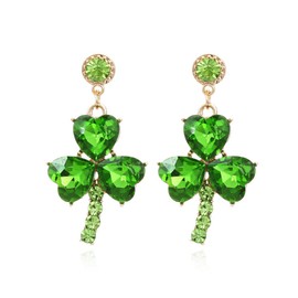 St. Patrick's Day Shamrock Earrings Green Clover Crystal Rhinestone Drop Dangle Earrings for Women