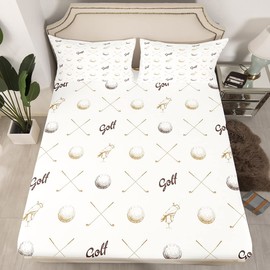 Golf Bed Sheet Queen Size for Kids Teens Adults Men Home Room Decor,Ball Sports Game Lovers Bedding Set 4pcs,Gray Brown Sketch Golf Sheet Set Seasons Soft Fitted Sheet+Flat Sheet+2 Pillowcases