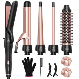 Lopeie 5 in 1 Curling Iron with Thermal Brush and 4 Interchangeable Ceramic Barrels(1/2 to 1 1/2 inch), Curling Wand Set with Flat Iron, Fast Heating, Dual Voltage Hair Curler, Gifts for Women