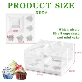 JCD 5 Pcs Bento Cake and Cupcake Box 1+5 Combination Clear Window Bento Boxes with Ribbon 4-5in Mini Cake and 5 Cupcakes Combo Box for Family Dinner Wedding Birthday Party Picnic Gift(1+5/5Pcs)
