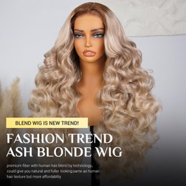 TESLAL Ash Blonde Wig Wear and Go Glueless Human Hair Blend Wig Pre Plucked Pre Cut Lace 6X6 Body Wave Ombre Blonde Hair Synthetic Human Hair Blend By Crafted Technology 22Inch 260% Density