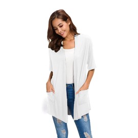 ADANIKI Womens Short Sleeve Open Front Lightweight Casual Comfy Long Line Drape Hem Soft Modal Cardigans Sweater with Two Pockets (White, M)