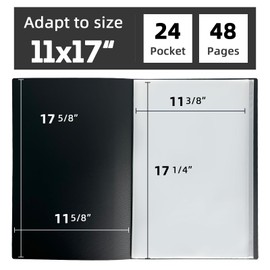 JJRING 11x17 Art Portfolio Folder with Plastic Sleeves, 24-Pocket Portfolio Binder Displaying 48 Pages, Presentation Book with Black Inner Paper for Artwork Storage, Black