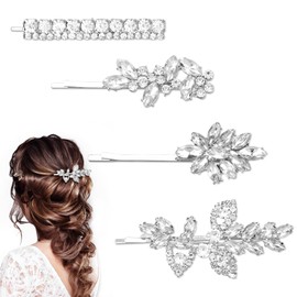 BOXOB 4pcs Rhinestone Hair Clips, Silver Rhinestone Hairpin for Women Sparkly Barrettes Stylish Hair Accessories for Party Wedding Daily Use (4 Styles)