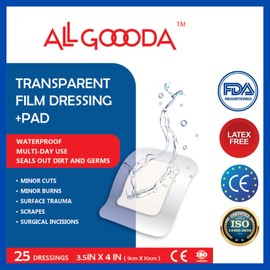 ALL GOOODA Transparent Film Dressing 3.5”x4” (25 Pack) + Absorbent Pad, Waterproof Bacterial Barrier, IV Adhesive Bandages, Tattoo Aftercare, Wound Care, Post Surgical, Hip, Shoulder, Knee Replacement