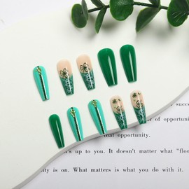 BFY Shamrock Press on Nails Medium Coffin St Patrick's Day Fake Nails, Green French Clover Glitter Rhinestones Acrylic Nails, Irish Nude Glossy Gel False Nails Kit Stick Glue on Nails Tip, 24 Pcs