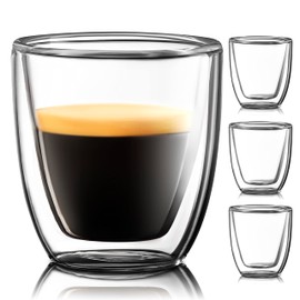 Glass Espresso Cups Set of 4 - Double Walled Espresso Cups 2.6 OZ - Wide Italian Style Clear Doppio Espresso Cup - Double Espresso Cups - Espresso Accessories Small Double Wall Expresso Coffee Cup