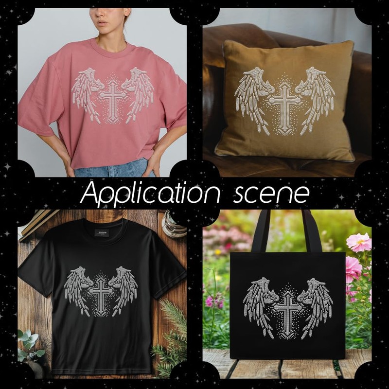 MAYJOYDIY Rhinestone Iron-On Patch with Cross Wings Hotfix Transfer Sticker